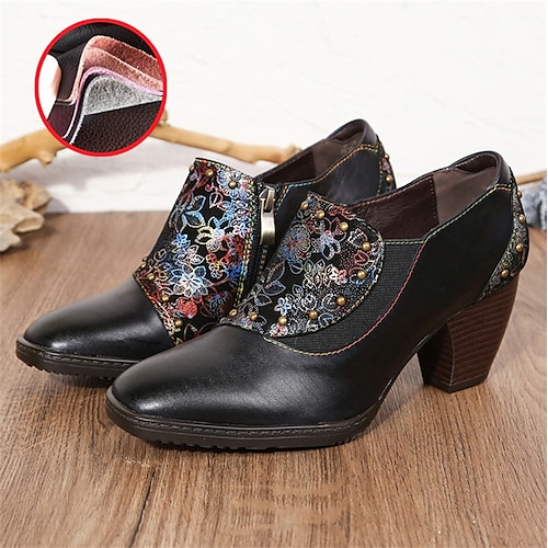 

Mujer Tacones Tallas Grandes Zapatos hechos a mano Diario Flor Tacón de gatito Dedo Puntiagudo Vintage Casual Confort Cuero Banda Elástica Floral Negro