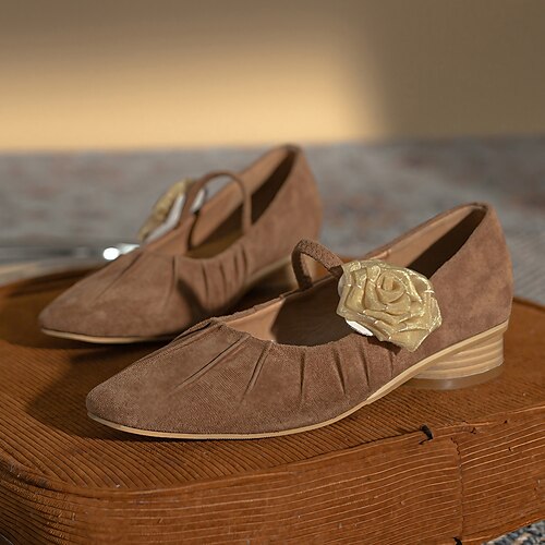 

Women's Brown Suede Elegant Classic Retro Floral Thick Heel Mary Jane Shoes