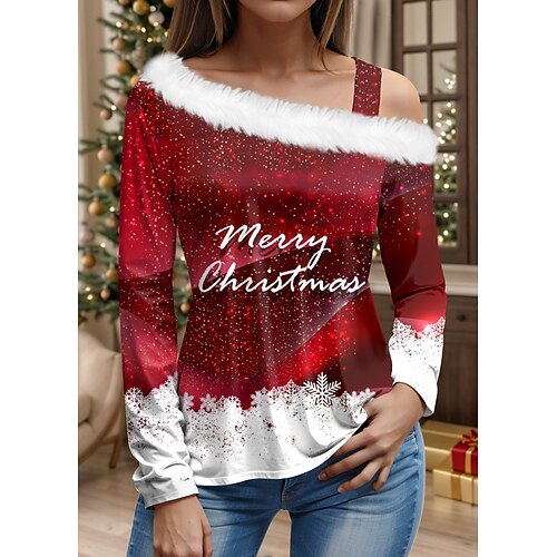 

Women's Blouse Christmas Shirt Letter Snowflake Red Blue Purple Print Long Sleeve Party Christmas Casual Festival / Holiday Fur Collar Regular Fit Fall Winter