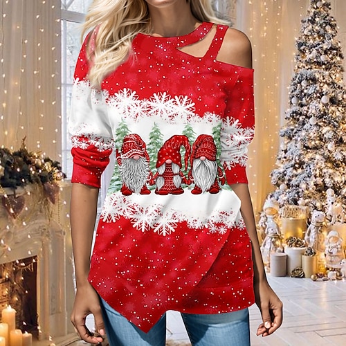 

Femme Chemisier Chemise de Noël Rouge père Noël Motif de flocon de neige Découpé Asymétrique Imprimer manche longue Noël Casual Fête / Célébration Col Rond Standard Printemps Automne