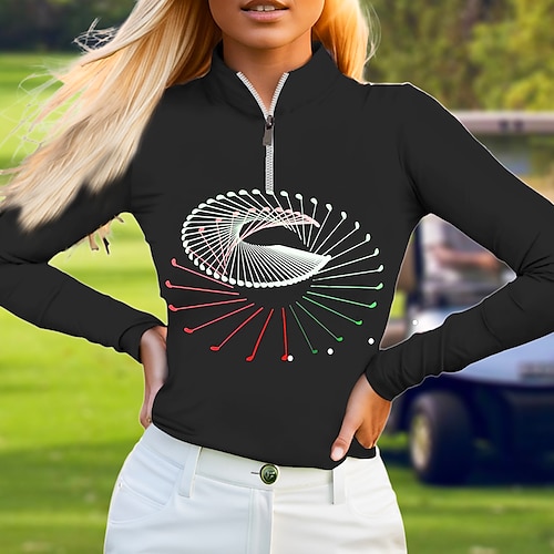 

Femme T-shirt POLO Chemise de golf Respirable Séchage rapide Evacuation de l'humidité manche longue Vêtements de golf Top Standard Zippé Col Montant Géométrie Printemps Automne Tennis Le golf