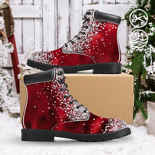 

Women's Xmas Christmas Sequined 3D Graphic Printed Artificial Leather Windproof and Wear-Resistant Comfortable Lace Up Booties