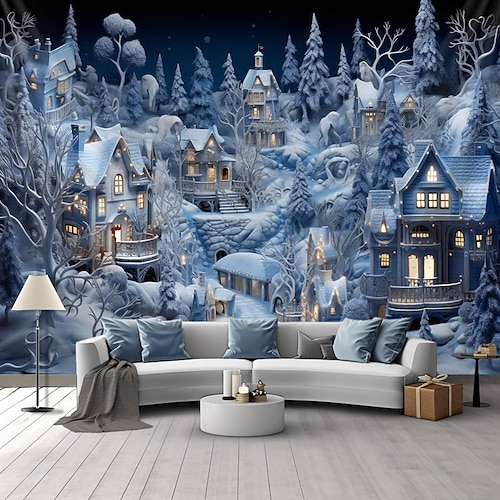 

Decoraciones navideñas, tapiz colgante de ciudad nevada de invierno blanco, arte de pared, tapiz grande, decoración mural, telón de fondo de fotografía, manta, cortina, decoración del hogar,