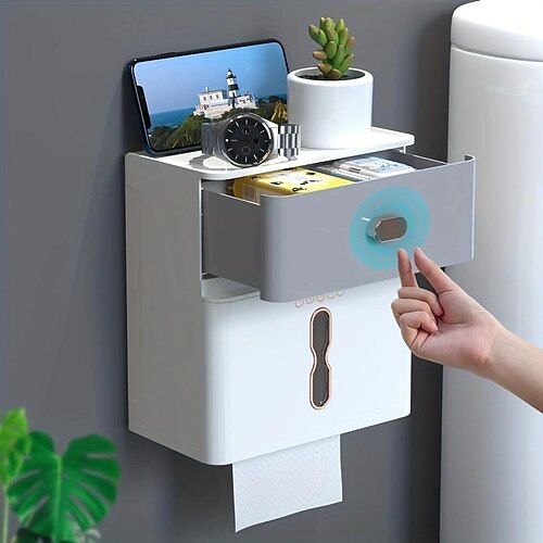 

Support de rangement double couche pour salle de bain, boîte à mouchoirs en papier en rouleau, porte-mouchoirs mural de grande capacité sans poinçon, 1 pièce