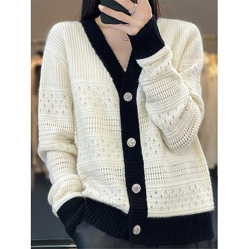 

Damen Strickjacke V Ausschnitt Gerippt Stricken Polyester Taste Strick Herbst Winter Kurz Outdoor Täglich Ausgehen Stilvoll Brautkleider schlicht Weich Langarm Feste Farbe Schwarz Weiß Khaki