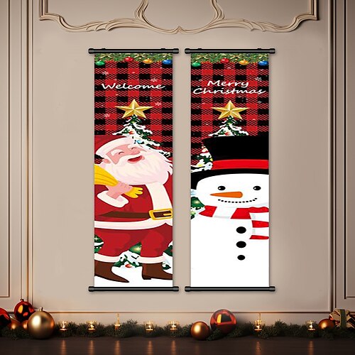 

1pc Christmas Poster with Hangers Courtyard Santa Claus Snowman Wall Art Canvas Posters Art For Home Living Room Decoration Wall Art Decor