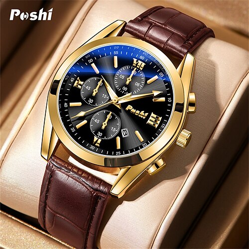 

Poshi hommes montre à quartz mode montre-bracelet décontractée calendrier lumineux étanche décoration montre en cuir