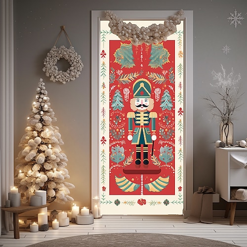 

Cascanueces de Navidad, cubiertas de puerta, tapiz de puerta, decoración de cortina de puerta, telón de fondo de Navidad, pancarta de puerta para puerta de entrada, suministros de decoración para