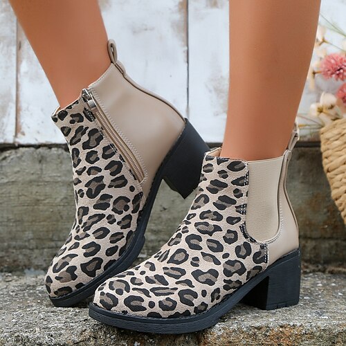 

Casual Leopard Paneled Block Heel Chelsea Boots