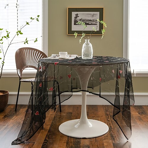 

Schwarze runde Tischdecke mit Blumenmuster, pastorale Tischdecke, waschbare Tischdecke für drinnen und draußen, Bauernhaus-Dekor, Picknick