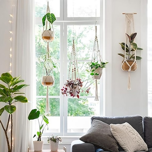 

Perchas de macramé para plantas, macetero colgante para interiores, cesta decorativa para pared, soporte para macetas con ganchos para interiores y exteriores, decoración del hogar, caja de regalo,