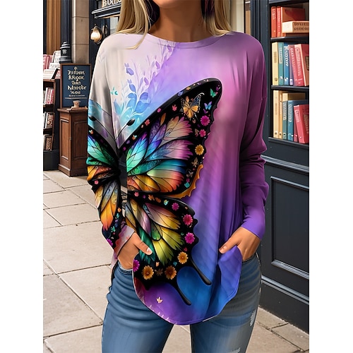 

Women's T shirt Tee Purple Butterfly Print Long Sleeve Daily Weekend Fashion Round Neck Regular Fit Butterfly Painting Spring Fall