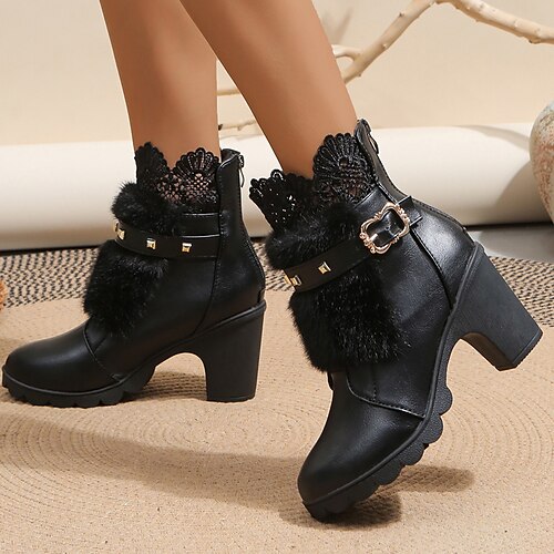 

Women's Boots Combat Boots Plus Size Daily Booties Ankle Boots Winter Chunky Heel Round Toe Casual Faux Leather Zipper Black