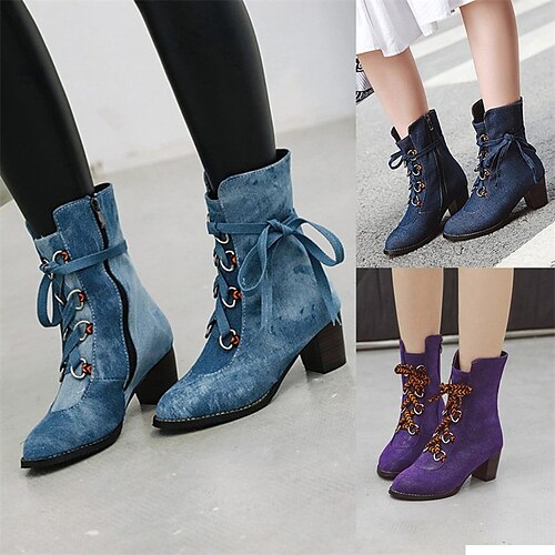 

Damen Stiefel Übergrössen Reitstiefel Täglich Stiefeletten Stiefeletten Blockabsatz Spitze Zehe Vintage Modisch Elegant Denim Jeans Schnürsenkel Feste Farbe Blau Purpur Dunkelblau