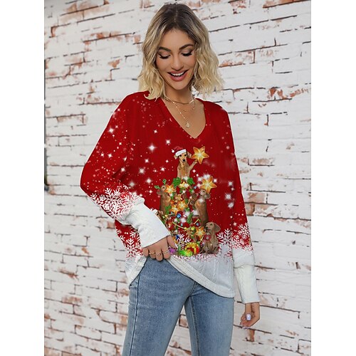 

Women's Ugly Christmas Sweater Pullover Sweater Jumper V Neck Ribbed Knit Polyester Knitted Print Fall Winter Regular Outdoor Christmas Holiday Daily Stylish Casual Long Sleeve Animal Snowflake Wine