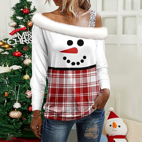 

Women's Blouse Christmas Shirt Pink Red Blue Plaid Snowman Print Long Sleeve Christmas Casual Festival / Holiday Fur Collar Regular Fit Spring Fall