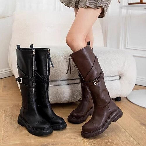 

Mulheres Botas Botas com salto Botas de Moto Botas de trabalho Ao ar livre Diário Botas Longas Ziper Sem Salto Ponta Redonda Vintage Casual Conforto Couro Sintético zíper Côr Sólida Preto Marron