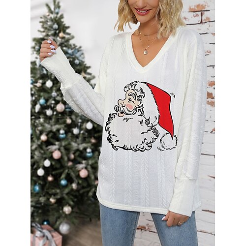 

Mulheres Pulôver suéter Gola Redonda Estriado Tricotar Imprimir Outono Inverno Padrão Natal à moda Macia Manga Longa Papai Noel Branco Vermelho S M L