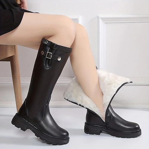 

Mulheres Botas Botas de Montaria Ao ar livre Diário Forrada com Fleece Botas Longas Presilha Sem Salto Ponta Redonda Moda Felpudo Minimalismo Couro Ecológico zíper Côr Sólida Preto