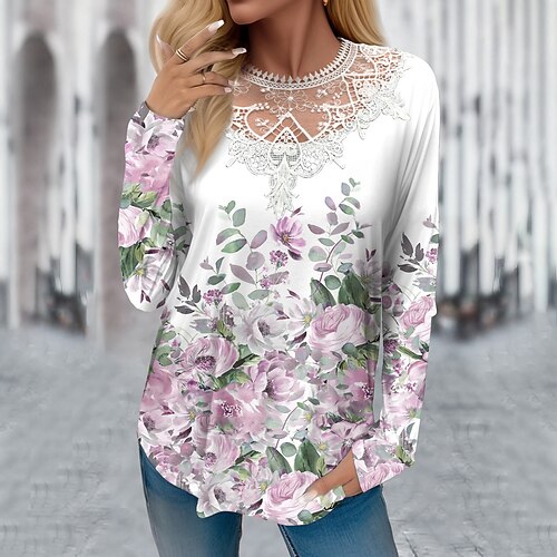 

Mulheres Camiseta Rosa Floral Renda Imprimir Manga Longa Feriado Final de semana Moda Decote Redondo Normal Tema Flores Pintura Primavera Outono