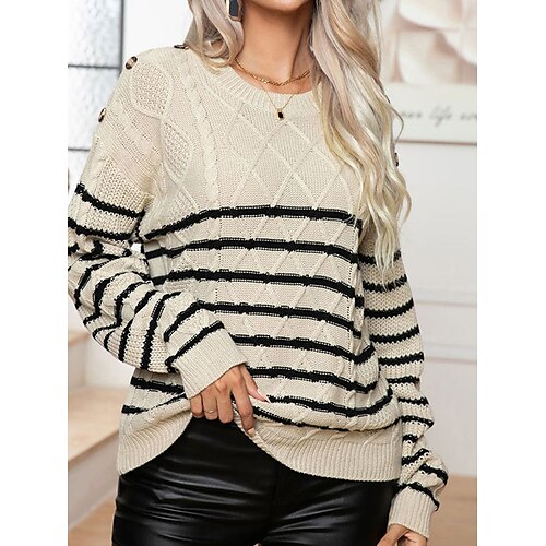 

Damen Pullover Rundhalsausschnitt Gedrehtes Stricken Acryl Patchwork Taste Herbst Winter Standard Outdoor Täglich Ausgehen Stilvoll Brautkleider schlicht Weich Langarm Gestreift Weiß Aprikose S M L