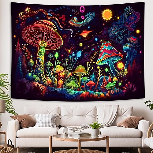 

Blacklight Tapestry UV Reactive Glow in the Dark Trippy Mushrooms Misty Nature Landscape Hanging Tapestry Wall Art Mural for Living Room Bedroom