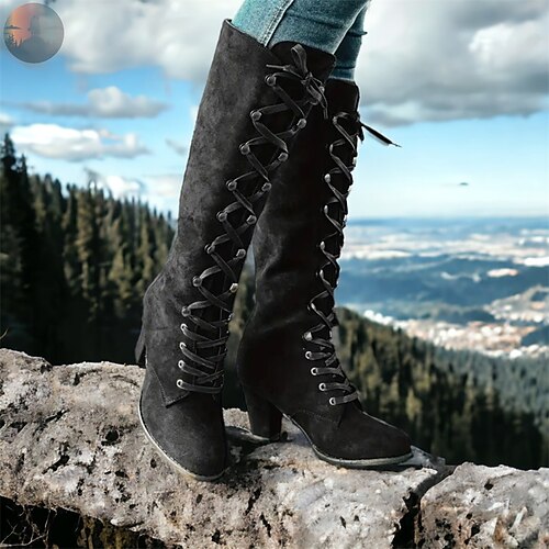 Women's Chunky Heeled Long Boots, Retro Solid Color Lace Up Knee High  Boots, Casual Heeled Riding Boots