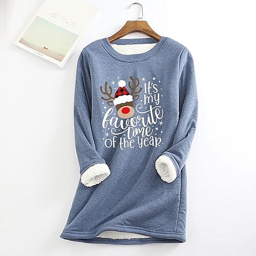 

Damen Zur Seite fahren Weihnachts -Sweatshirt Innenfutter aus Fleece Buchstabe Rentier Teddy Fuzzy Bedruckt Schwarz Rosa Rote Party Weihnachten Rundhalsausschnitt Langarm Oberteil Mikro-elastisch