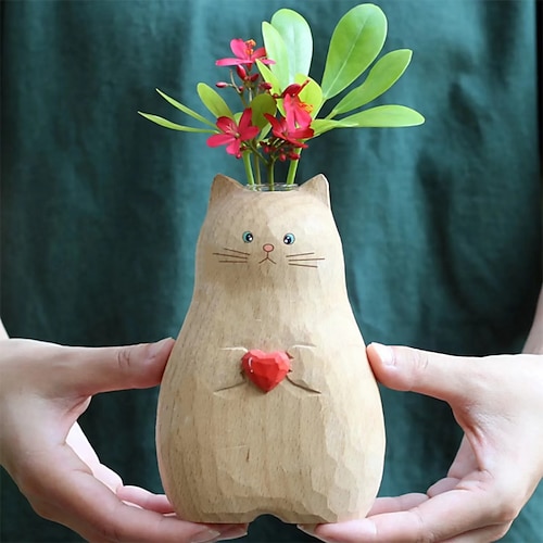 

vase de chat en bois fabriqué à la main | vase chat en bois | décoration intérieure | cadeau pour elle | figurine de chat | sculpture faite à la main | cadeau amoureux des chats, vase en forme de chat