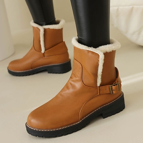 

Women's Boots Snow Boots Combat Boots Winter Boots Daily Fleece Lined Booties Ankle Boots Winter Chunky Heel Round Toe Fashion PU Loafer Solid Color Black Brown