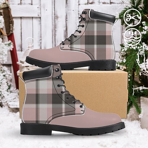 

Women's Pink Classic Check Graphic Print Artificial Leather Windproof and Wear-Resistant Comfortable Lace Up Booties