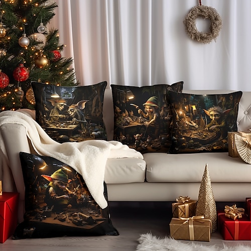 

Christmas Elf Double Side Pillow Cover 4PC Xmas Soft Decorative Square Cushion Case Pillowcase for Bedroom Livingroom Sofa Couch Chair