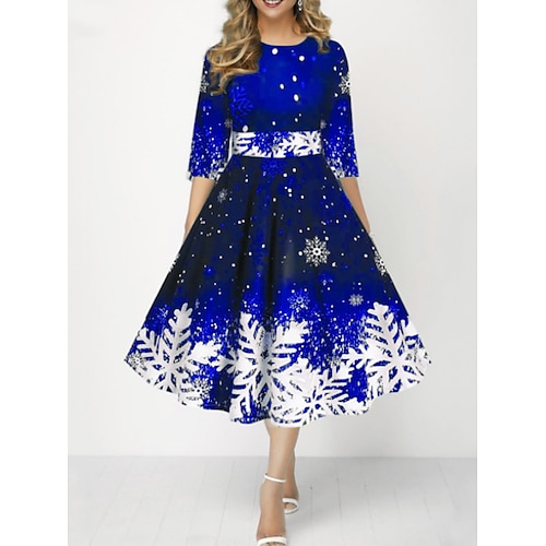 

Women's Retro 1950s Skater Dress Midi Dress Party Christmas Print Snowflake Crew Neck 3/4 Length Sleeve 2023 Black Yellow S M L XL