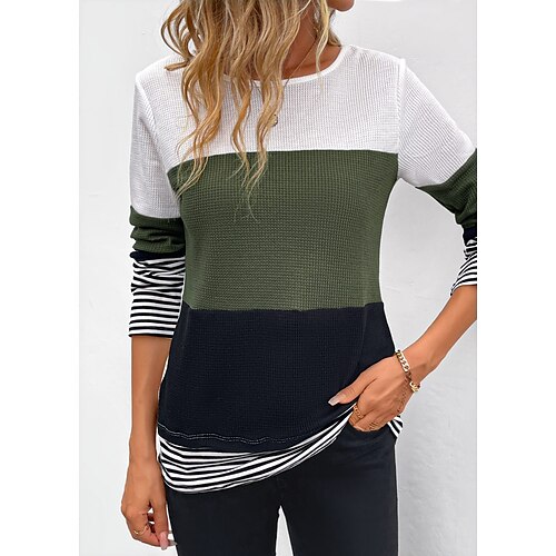 

Women's T shirt Tee Green Color Block Long Sleeve Daily Weekend Fashion Round Neck Regular Fit Spring Fall