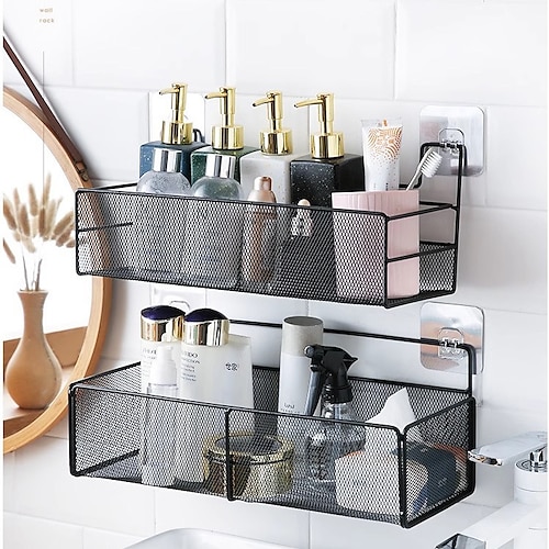 

Perforation-free Bathroom Rack Toilet Storage Rack Self-adhesive Black Bathroom Rack Basket