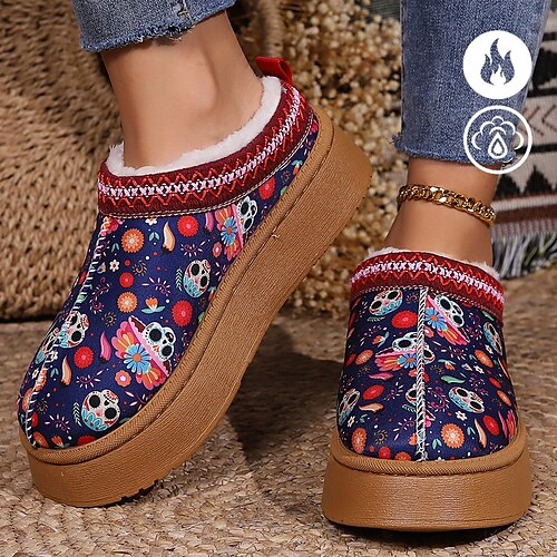 

Zapatos de algodón cálidos con suela gruesa de terciopelo con estampado gráfico de flores coloridas y calaveras de Halloween para mujer