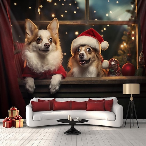 

Navidad animal perro colgante tapiz arte de la pared gran tapiz de Navidad decoración mural fotografía telón de fondo manta cortina hogar dormitorio sala de estar decoración