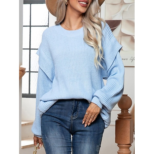 

Damen Pullover Rundhalsausschnitt Gerippt Stricken Acryl Strick Herbst Winter Standard Outdoor Täglich Ausgehen Stilvoll Brautkleider schlicht Weich Langarm Feste Farbe Purpur Fuchsie Leicht Blau S M