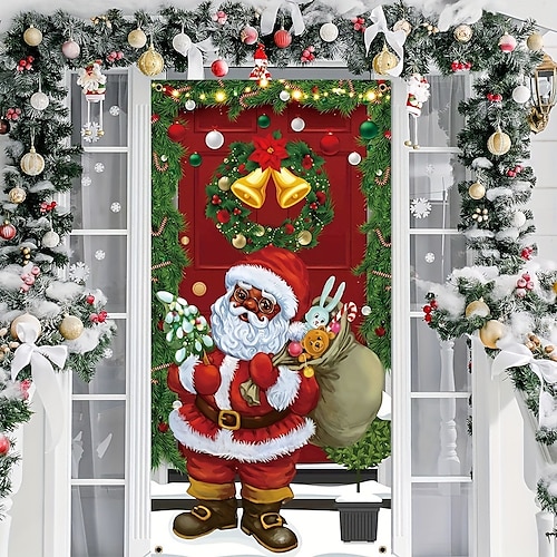 

Noël Père Noël porte couvre décoration toile de fond porte bannière pour porte d'entrée ferme noël vacances fête décor fournitures