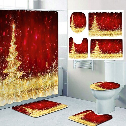 

4-teiliges Weihnachts-Duschvorhang-Set, Badezimmer-Sets, moderne Heim-Badezimmer-Dekoration mit Badematte in U-Form und WC-Deckel-Abdeckmatte und 12 Haken