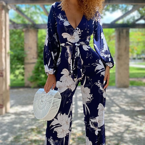

Mulheres Macacão Imprimir Floral Decote V Sensual Diário Para Noite Reto Normal Manga Longa Bispo Azul Real Verde S M L Primavera