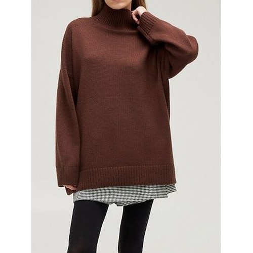 

Women's Pullover Sweater Jumper Stand Collar Ribbed Knit Acrylic Oversized Fall Winter Regular Outdoor Daily Going out Stylish Casual Soft Long Sleeve Solid Color White Royal Blue Brown S M L