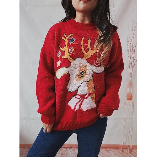 

Mujer Suéter navideño feo Suéter de punto Cuello Barco Estriado Tejer Acrílico De Gran Tamaño Otoño Invierno Regular Exterior Navidad Diario Elegante Casual Suave Manga Larga Cada Copo Rojo S M L