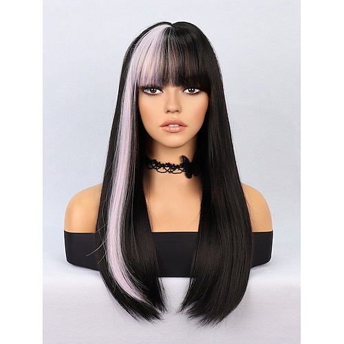 

Perucas de Cosplay Perucas sintéticas Liso Kinky Liso Franja Lisa Fabrico à Máquina Peruca 20 polegadas Preto / Roxo Preto / Rosa Cabelo Sintético Mulheres Multi Cores