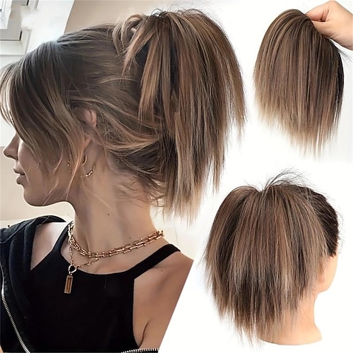 

Chignon droit synthétique chignon moelleux en désordre avec bande élastique morceaux de cheveux chouchou wrap chignon fausse extension de queue de cheval pour femmes filles