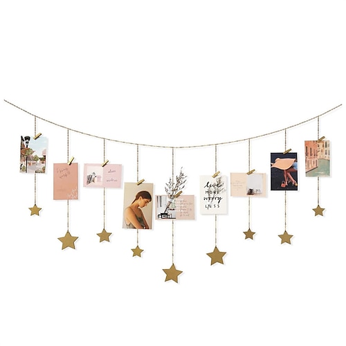 

1Pcs Hanging Photo Display Boho Decor Wooden Stars Garland with Metal Chains Picture Cards Holder Girl Room Christmas Wall Art for Bedroom Nursery Dorm Home Gold