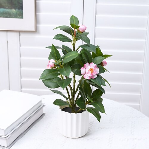 

Plantas artificiales mini camelia plantas falsas en maceta pequeñas plantas de plástico sintético planta de escritorio flores artificiales con jarrón para el hogar, oficina, escritorio, cocina,