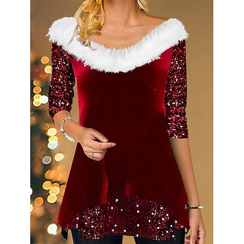 

Women's T shirt Tee Velvet Plain Sparkly Red Sequins Long Sleeve Party Weekend Festival / Holiday Fur Collar V Neck Regular Fit Spring & Fall