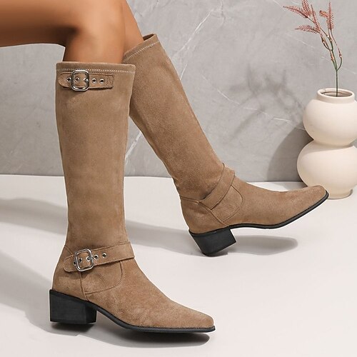 

Damen Stiefel Wildlederschuhe Übergrössen Outdoor Arbeit Täglich Kniehohe Stiefel Schnalle Blockabsatz Spitze Zehe Modisch Elegant Klassisch Kunst-Veloursleder Halbschuhe Feste Farbe Braun