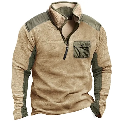 

Herren Sweatshirt Pullover Polarvlies Sweatshirt mit Viertelreißverschluss Khaki Stehkragen Farbblock Patchwork Tasche Sport Natur Täglich Festtage Strassenmode Basic Brautkleider schlicht Herbst